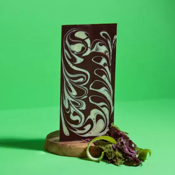 Seaweed and Lime chocolate on a green background