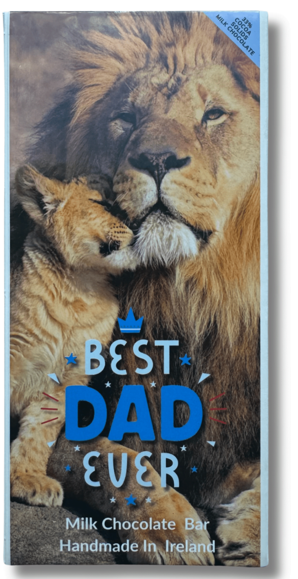 Best Dad Ever chocolate with packaging displaying a young lion cub hugging their father.