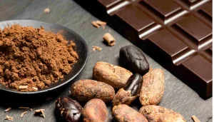 Can Chocolate Be Good for You? High Cocoa content dark chocolate bar with roasted cocoa beans