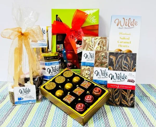 Irish handmade Chocolate Gift Hamper containing chocolate bars, chocolate boxes on a table