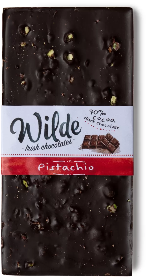 Pistachio Dark 70% Cocoa Solids Chocolate Bar.