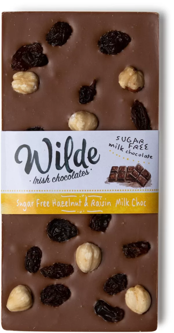 Sugar free Hazelnut & Raisin Milk Chocolate bar - Wilde Irish Chocolates.