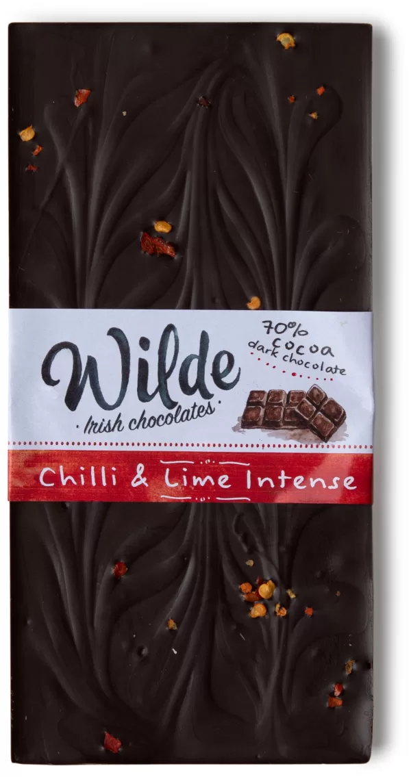 Chilli & Lime Intense 70% cocoa chocolate bar.