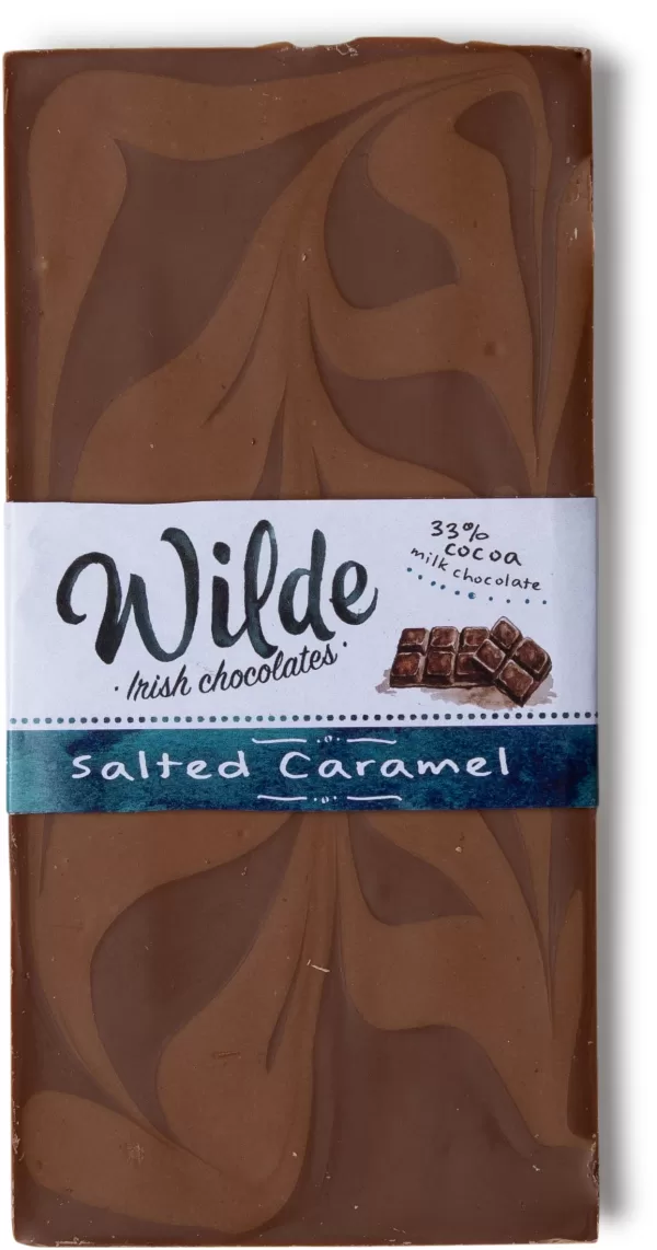 Salted Caramel 33% cocoa solids milk chocolate bar.