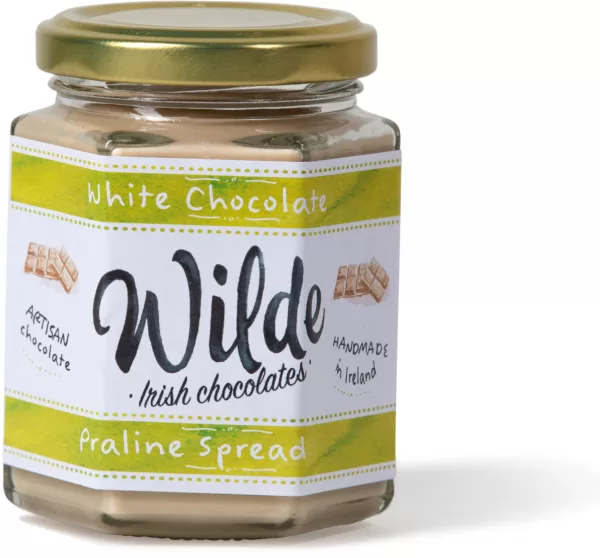 A jar of White Chocolate Praline Spread.