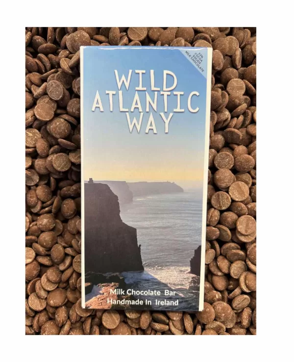 'Wild Atlantic Way' chocolate bar on a bed of chocolate drops.