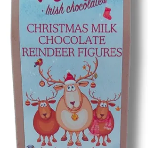 Box of handmade milk chocolate reindeers in a brown pouch with 3 cartoon reindeers on the label
