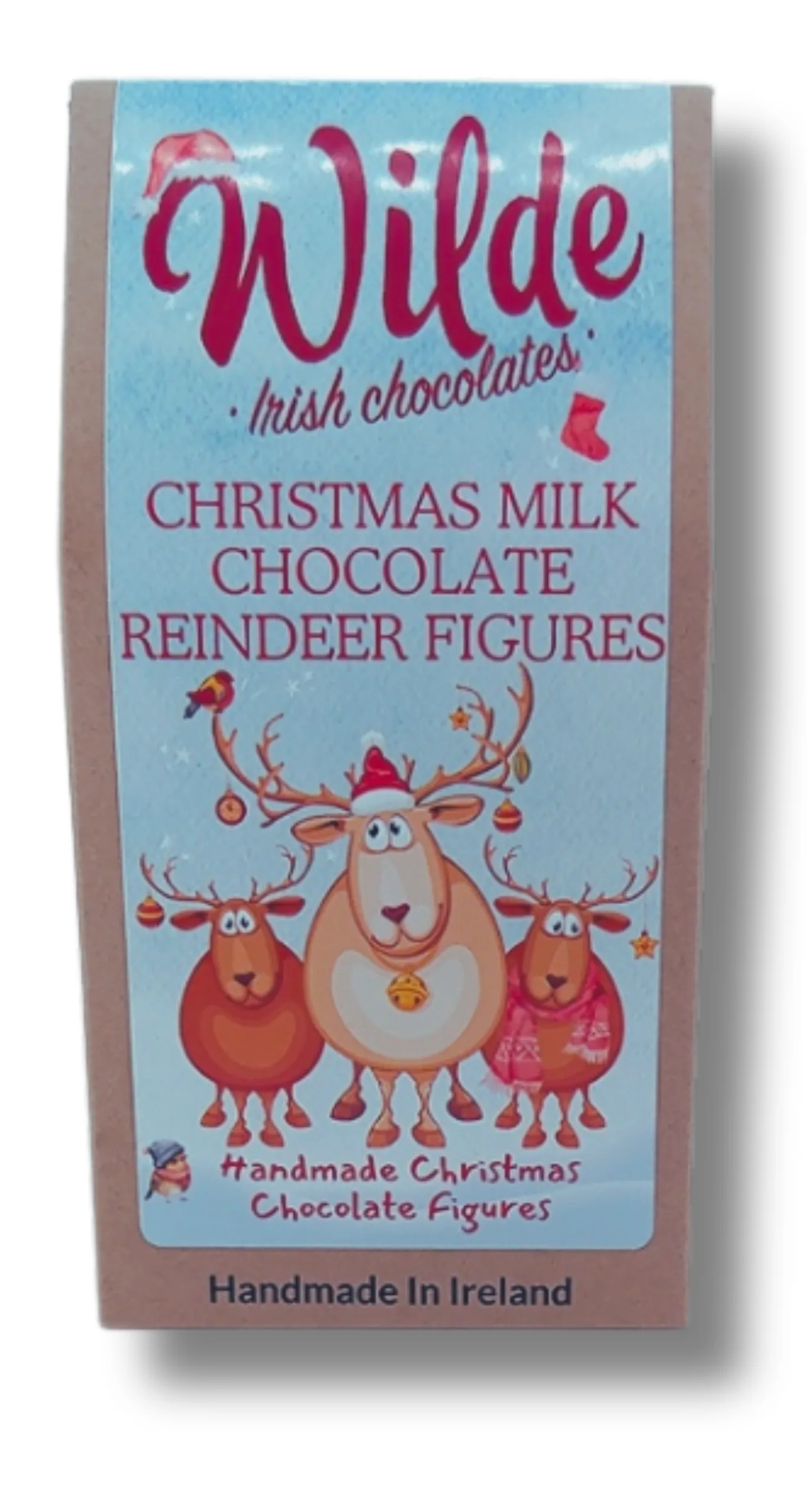 Box of handmade milk chocolate reindeers in a brown pouch with 3 cartoon reindeers on the label