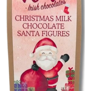 Small brown pouch of chocolate sants=a figures with waving Santa image label