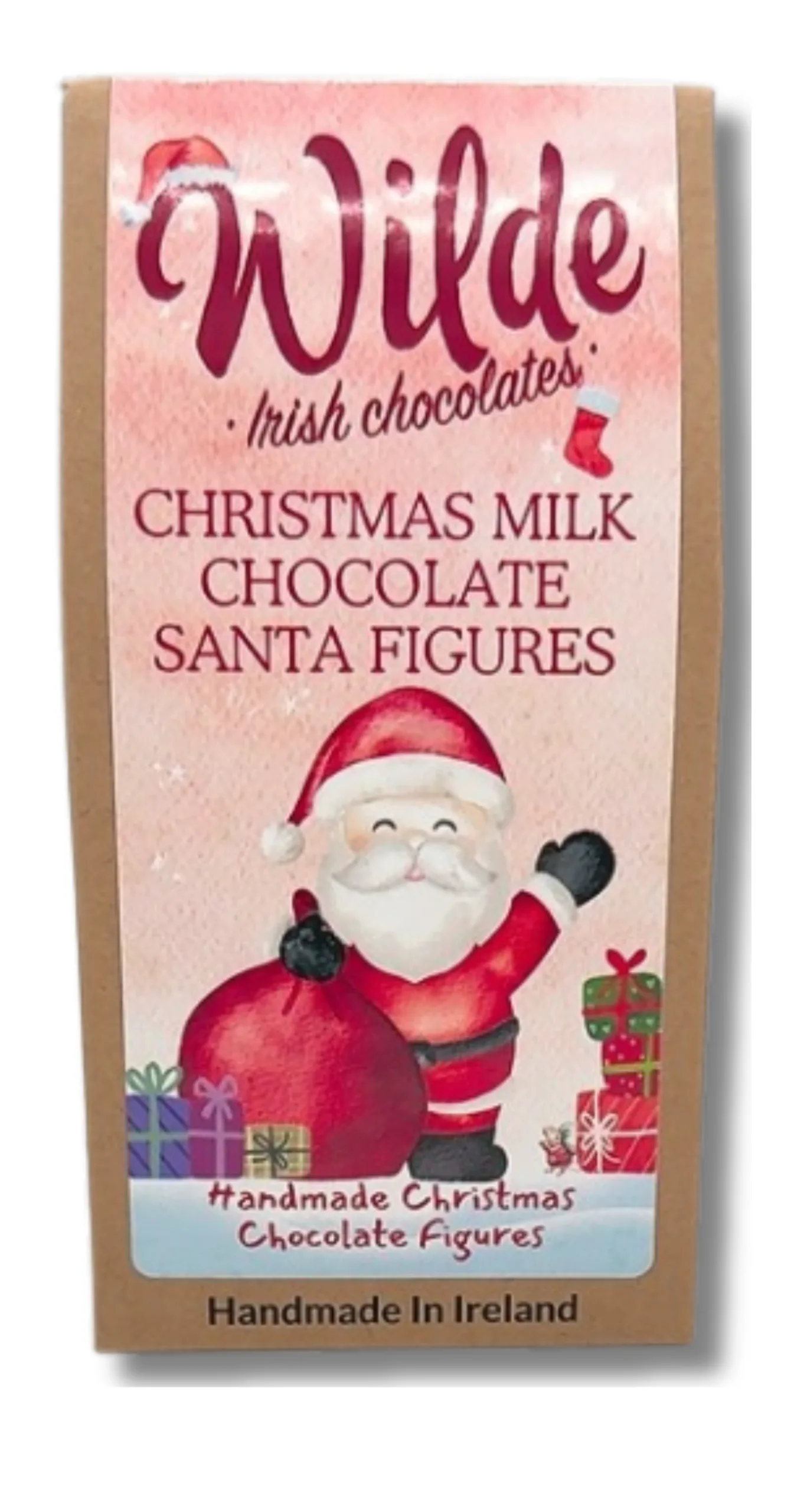 Small brown pouch of chocolate sants=a figures with waving Santa image label