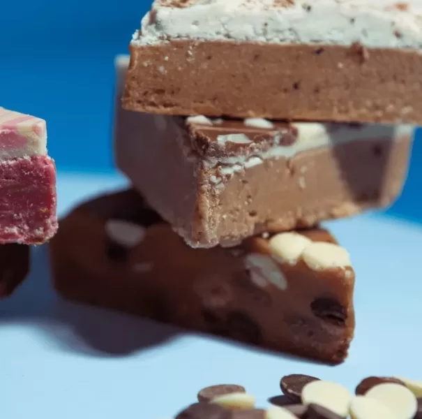 A selection of fudge slices on a blue background.